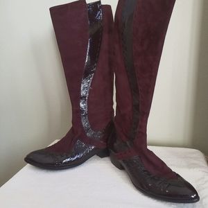 Arnold Churgin Burgundy Suede & Patent Leather Boots Size 38
